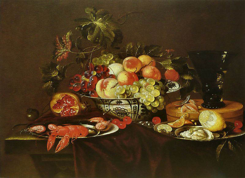 Crustaces, huitre et coupe de fruits avec un verre